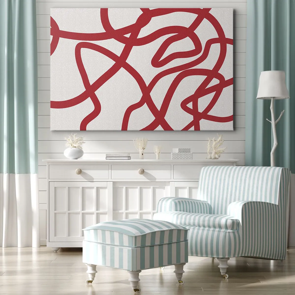 Canvastavla - Bild på duk - Röda abstrakta linjer på en vit bakgrund - 70x50cm - Rött på vitt - Modern väggdekoration för vardagsrum och sovrum ARTTOR