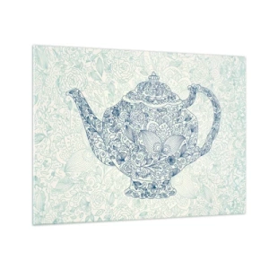 Glastavla - Bild på glas - Blommig tekanna i vintagestil - 70x50cm - Techarm - Modern väggdekoration för vardagsrum och sovrum ARTTOR