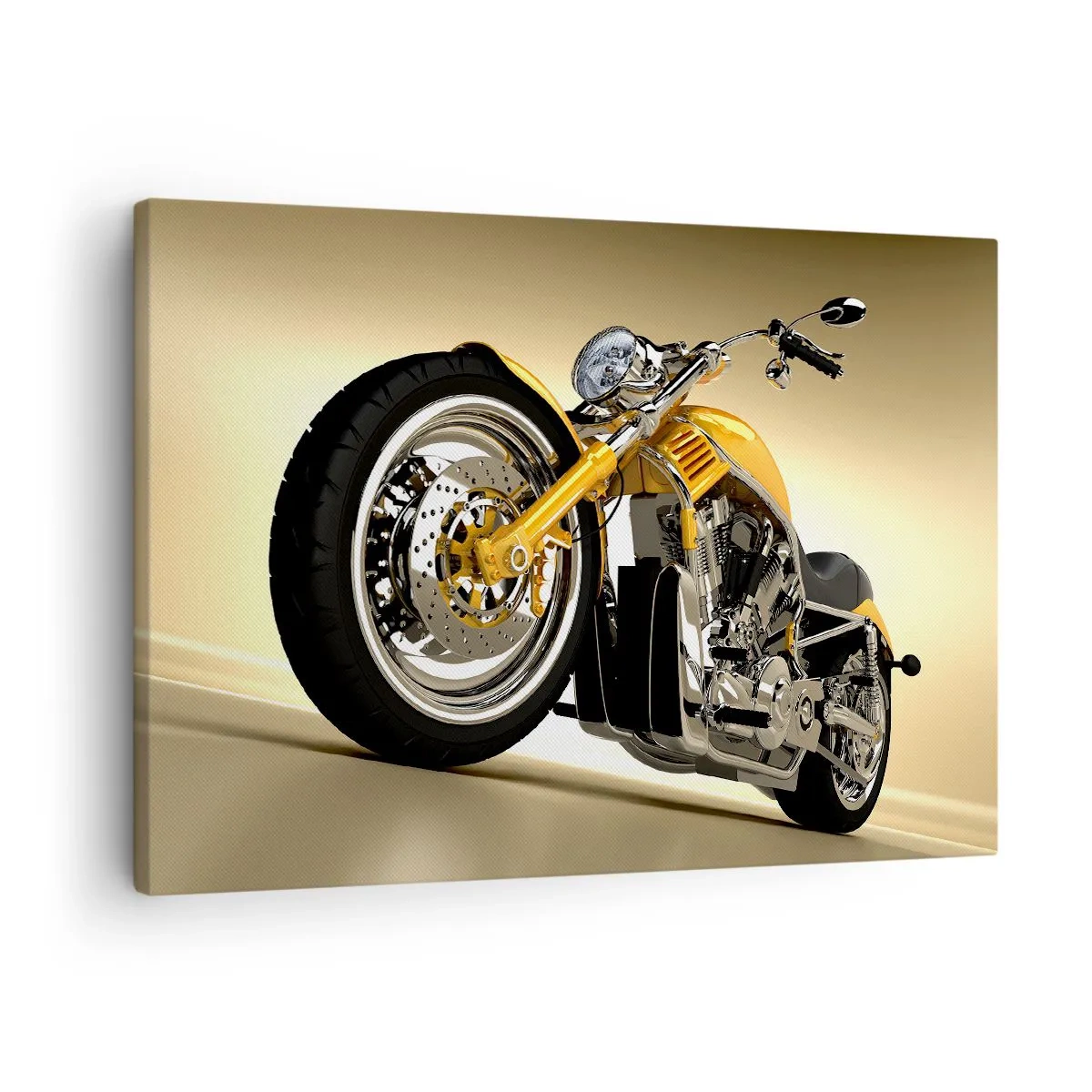 Canvastavla - Bild på duk - En gul chopper-liknande motorcykel mot en beige vägg - 70x50cm - En dröm om styrka och skönhet - Modern väggdekoration för vardagsrum och sovrum ARTTOR