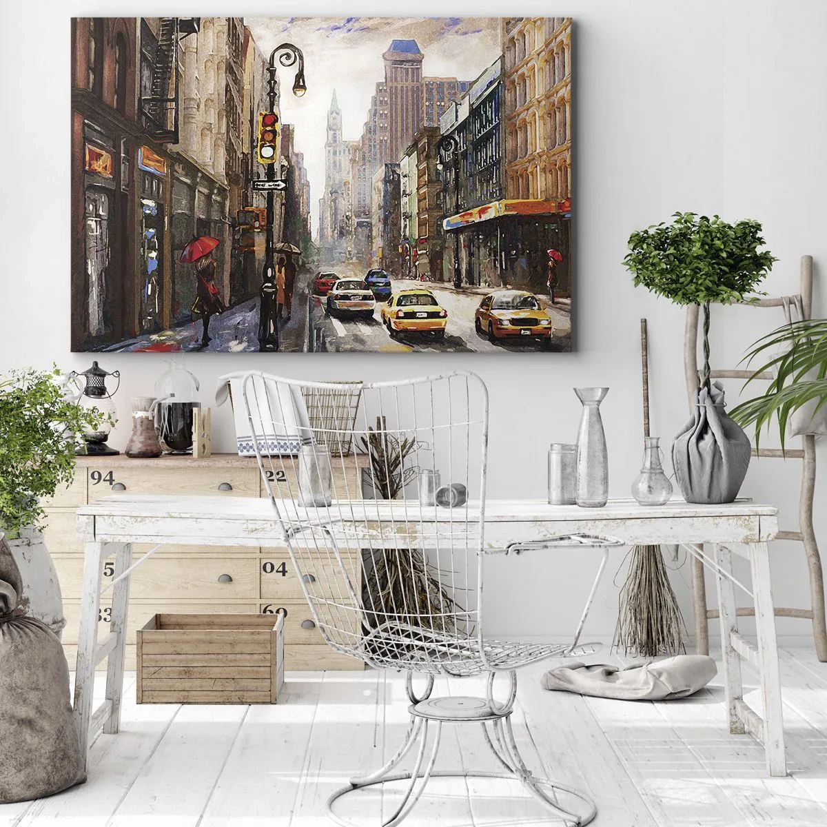 Canvastavla - Bild på duk - Stadsbild med en gata och gula taxibilar - 70x50cm - New York - färgglad också i regnet - Modern väggdekoration för vardagsrum och sovrum ARTTOR