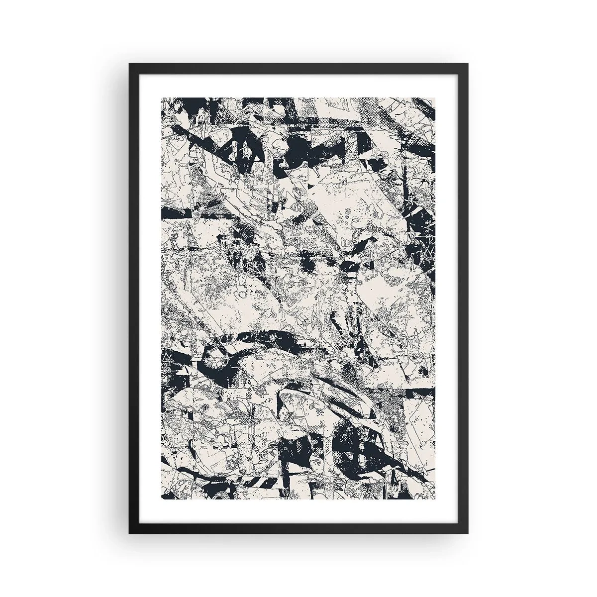 Affisch i svart ram - Abstrakt svartvit texturerad komposition - 50x70cm - Motsatsernas interpenetration - Modern väggdekoration för vardagsrum och sovrum ARTTOR