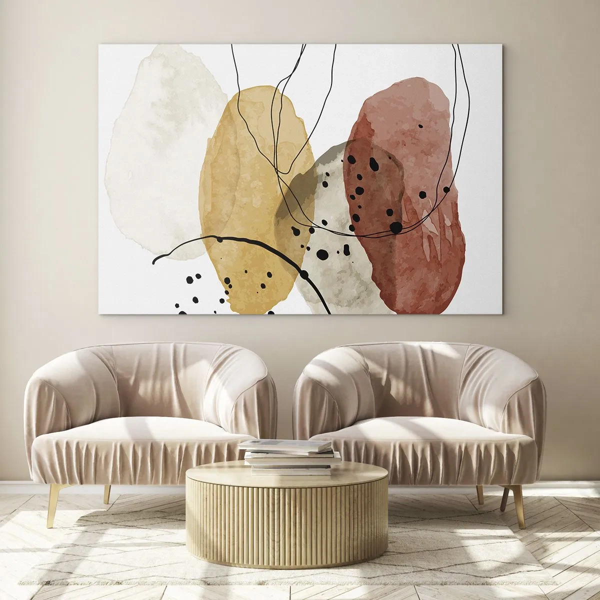 Glastavla - Bild på glas - Abstrakta jordfärgade fläckar med tunna linjer - 70x50cm - Lätta och transparenta som luften - Modern väggdekoration för vardagsrum och sovrum ARTTOR