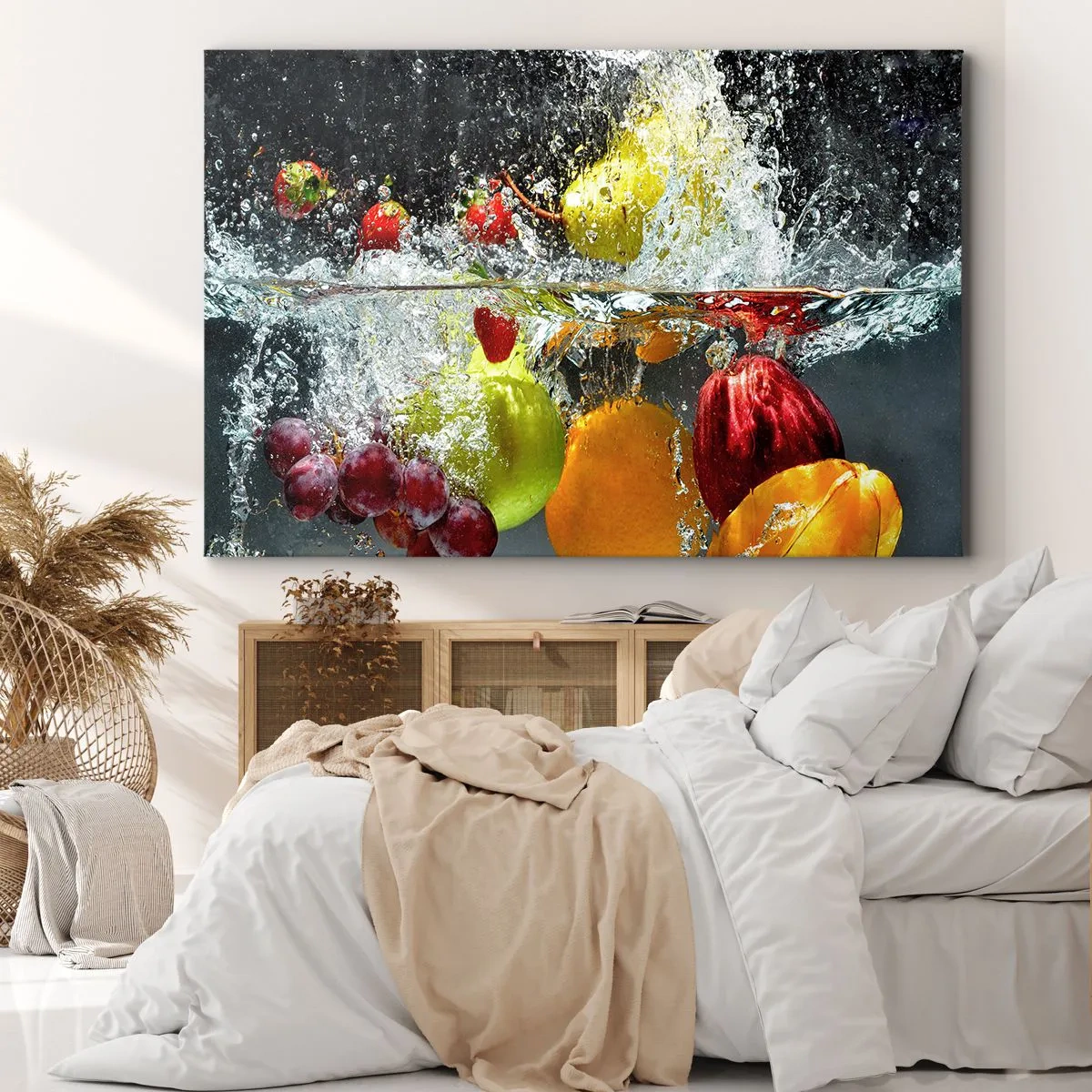 Canvastavla - Bild på duk - Färgglada frukter i vatten under dynamisk nedsänkning - 70x50cm - Uppfriskande frukt - Modern väggdekoration för vardagsrum och sovrum ARTTOR