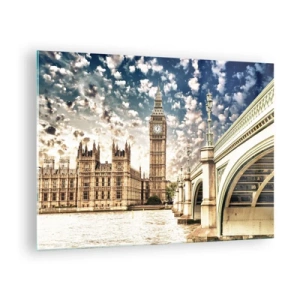 Glastavla - Bild på glas - Big Ben och Westminsterbron i London - 70x50cm - Moln över Thames - Modern väggdekoration för vardagsrum och sovrum ARTTOR