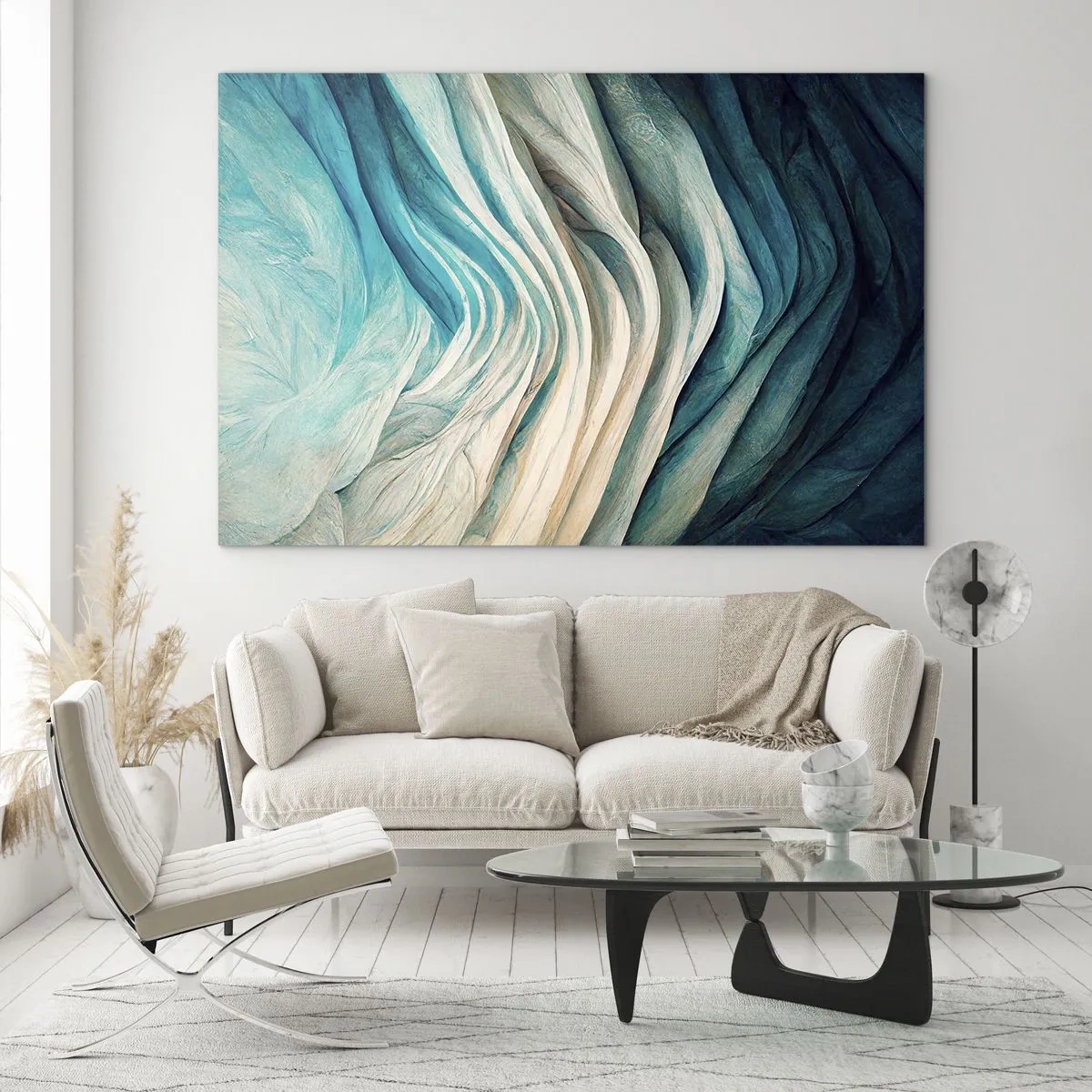 Glastavla - Bild på glas - Abstrakta vågor i nyanser av blått och beige - 70x50cm - Blå omättlighet - Modern väggdekoration för vardagsrum och sovrum ARTTOR