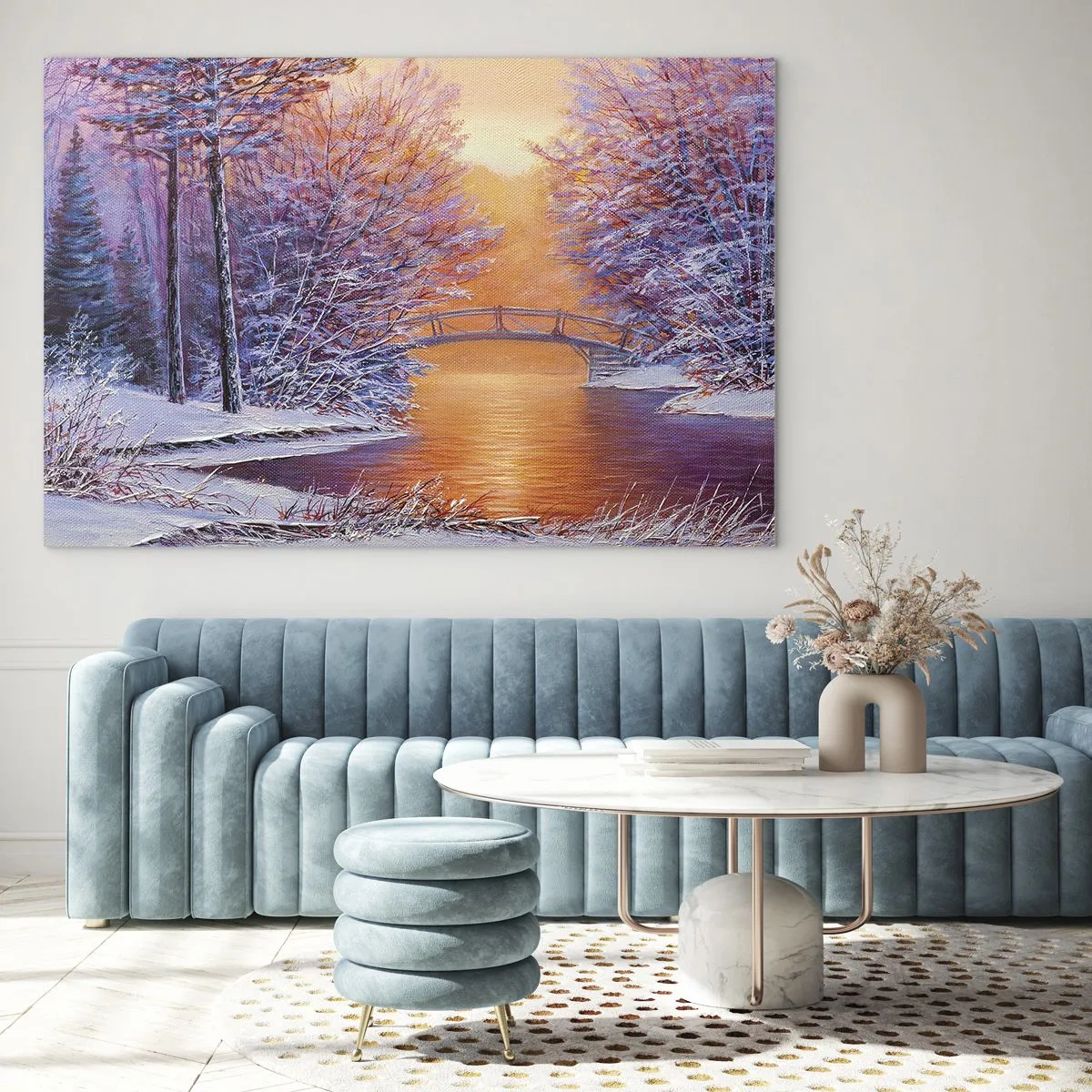 Glastavla - Bild på glas - Vinterlandskap med en bro och snötäckta träd vid solnedgången - 70x50cm - Låt oss mötas här - Modern väggdekoration för vardagsrum och sovrum ARTTOR