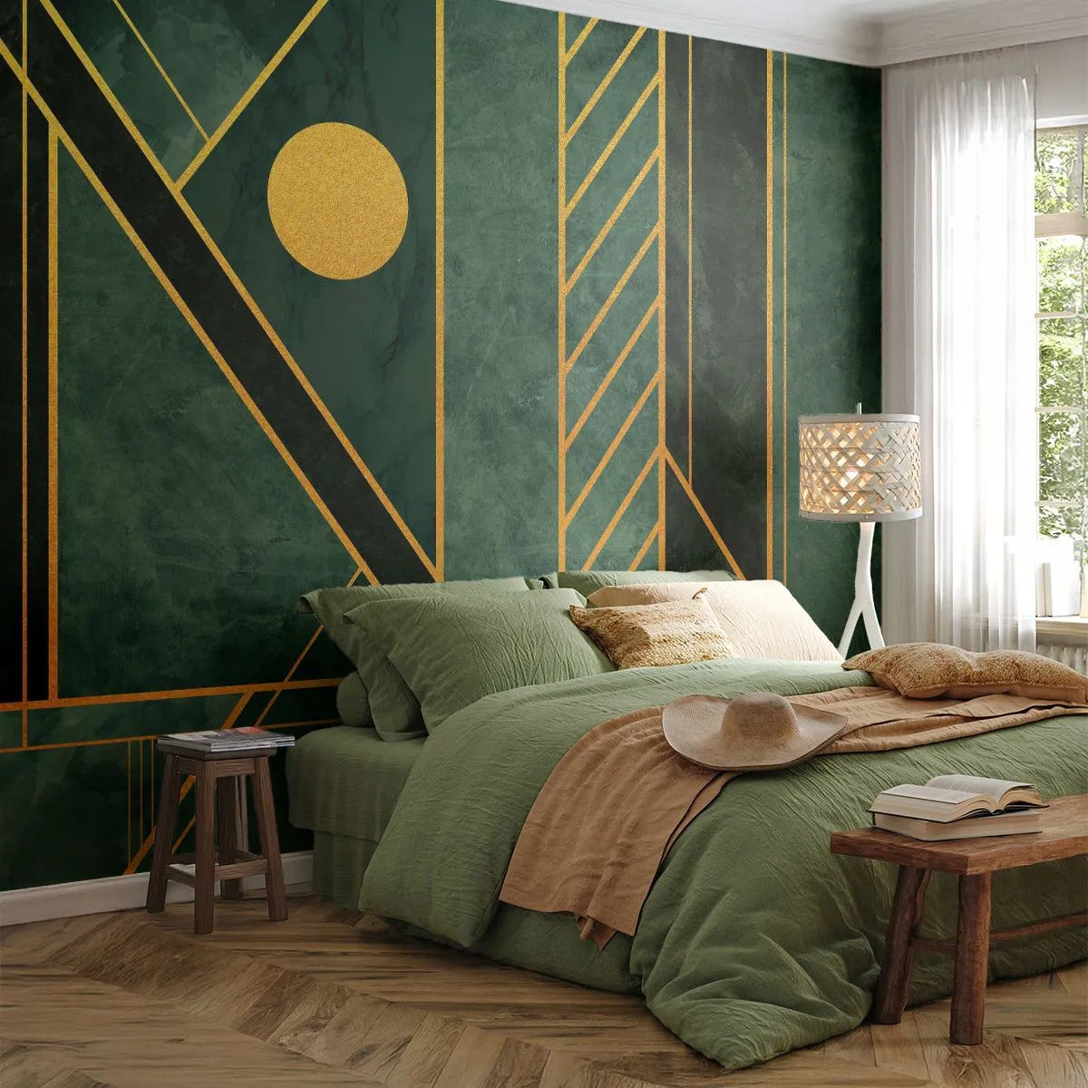 Självhäftande Fototapet Deluxe Sticker - Dynamik av guld och azurblå - Abstraktion, Bit, Geometriskt mönster - 250x175 cm