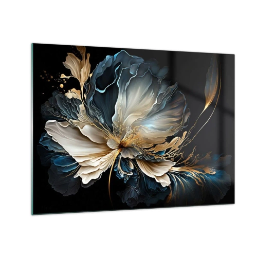 Glastavla - Bild på glas - En fin blomma i nyanser av guld, marinblått och beige på svart - 70x50cm - Sagolik ormbunksblomma - Modern väggdekoration för vardagsrum och sovrum ARTTOR