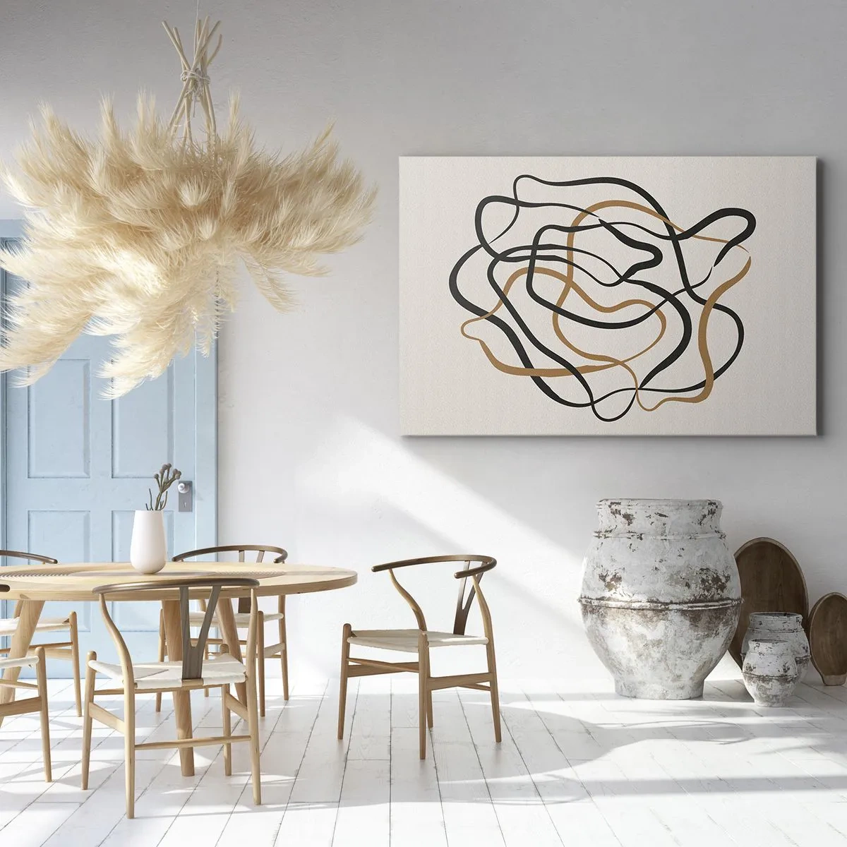 Canvastavla - Bild på duk - Trassliga linjer i svart och guld mot en ljus bakgrund - 70x50cm - Allt har gått fel - Modern väggdekoration för vardagsrum och sovrum ARTTOR