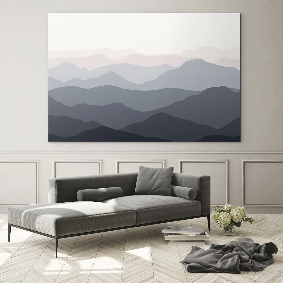 Glastavla - Bild på glas - Subtila lager av berg i pastellfärger - 70x50cm - Fjällens vågor - Modern väggdekoration för vardagsrum och sovrum ARTTOR