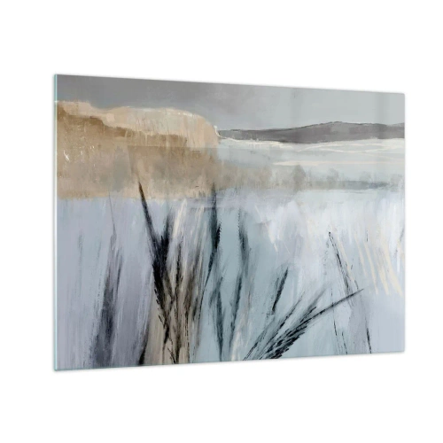 Glastavla - Bild på glas - Vinterlandskap med gräs mot bakgrund av snötäckta fält - 70x50cm - Vinterfält - Modern väggdekoration för vardagsrum och sovrum ARTTOR