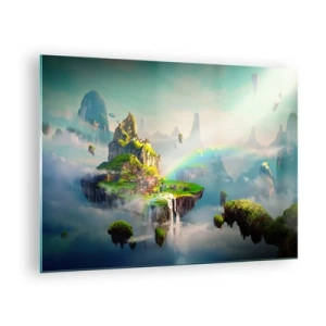 Glastavla - Bild på glas - Flygande öar i molnen med regnbågar och vattenfall - 70x50cm - Mellanhimmel - Modern väggdekoration för vardagsrum och sovrum ARTTOR