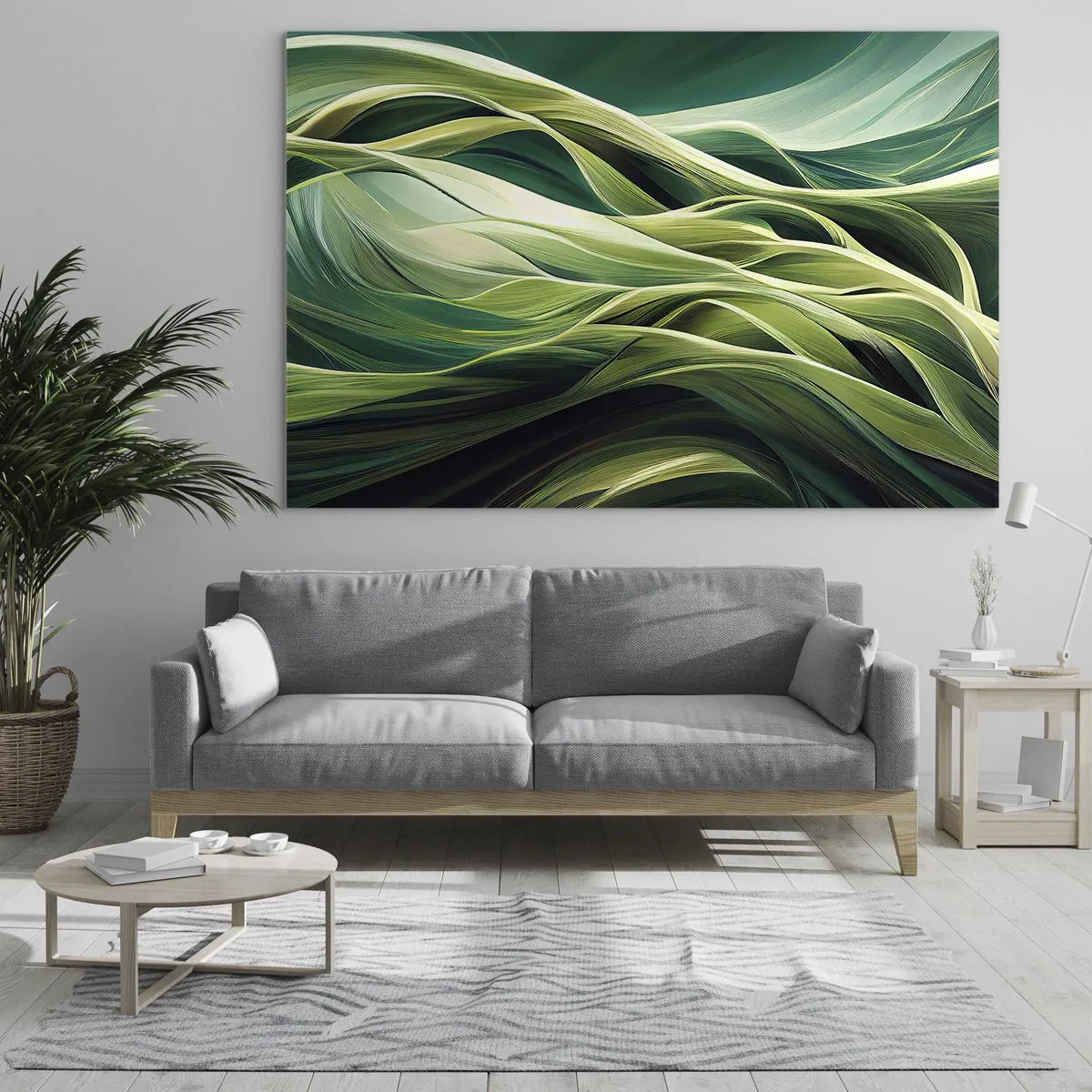 Glastavla - Bild på glas - Abstrakta gröna vågor med organiska former - 70x50cm - Ett abstrakt spel med grönt - Modern väggdekoration för vardagsrum och sovrum ARTTOR