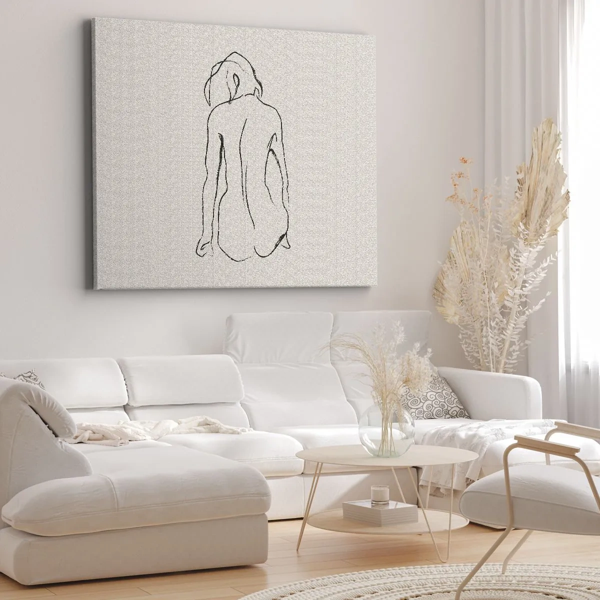 Canvastavla - Bild på duk - En subtil skiss av en flickas silhuett bakifrån - 70x50cm - Naken flicka - Modern väggdekoration för vardagsrum och sovrum ARTTOR