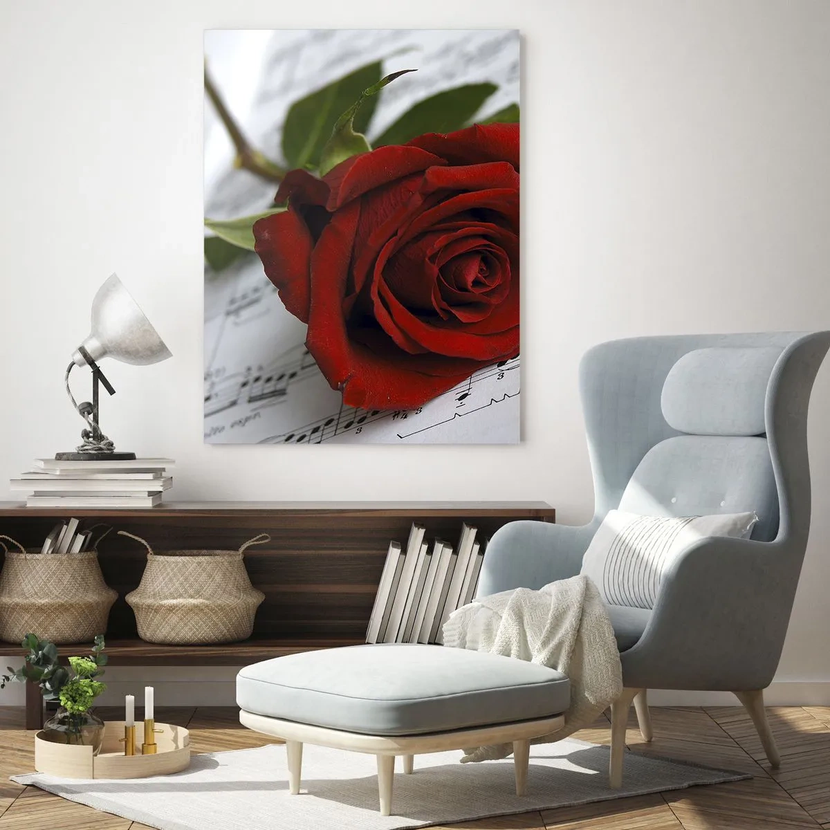 Glastavla - Bild på glas - Känslornas musik i scharlakansröd - 50x70 cm