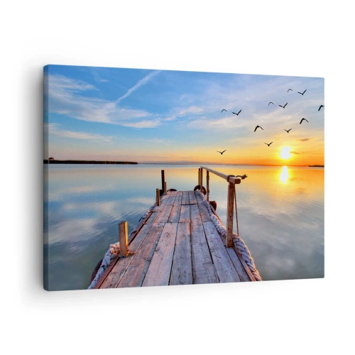 Canvastavla - Bild på duk - Träpir vid solnedgången på en lugn sjö - 70x50cm - Gå mot solen - Modern väggdekoration för vardagsrum och sovrum ARTTOR