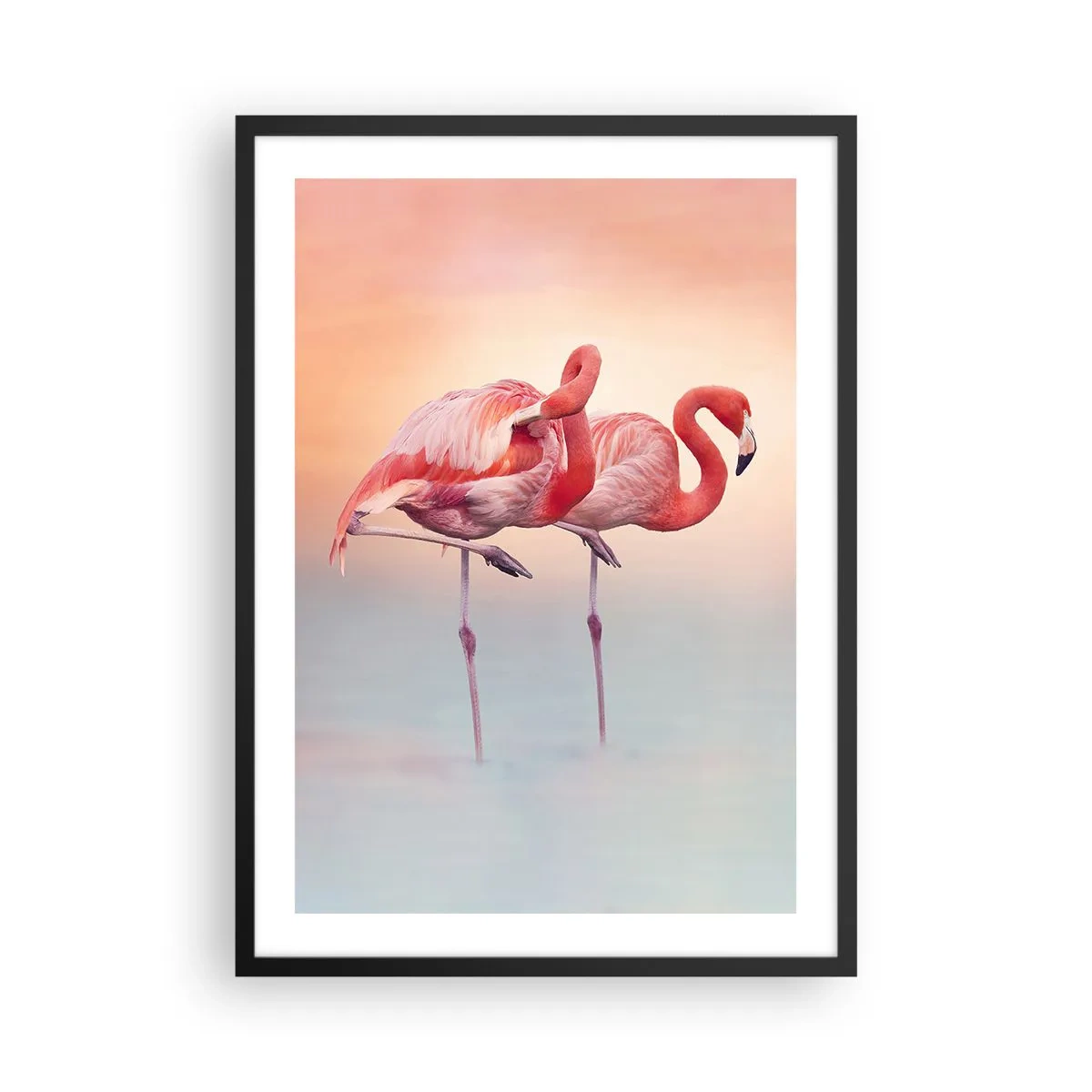 Affisch i svart ram - Flamingos mot en pastellfärgad solnedgångsbakgrund - 50x70cm - I solnedgångens färg - Modern väggdekoration för vardagsrum och sovrum ARTTOR