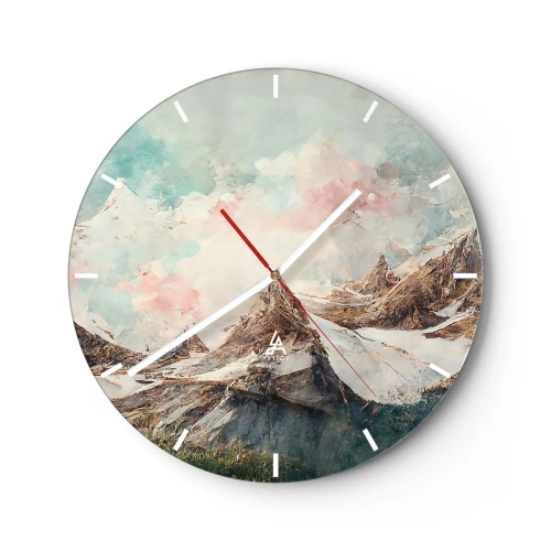 Väggklocka - Klocka på glas - Måleriska bergstoppar i en pastellfärgad molnig himmel - 30x30cm - Steniga blad - Modern väggdekoration för vardagsrum, kök och sovrum ARTTOR