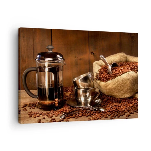 Canvastavla - Bild på duk - Fransk press, koppar och en påse kaffe på en träbakgrund - 70x50cm - Kaffets charm - arom och smak - Modern väggdekoration för vardagsrum och sovrum ARTTOR
