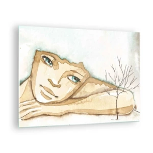 Glastavla - Bild på glas - En subtil figur av en kvinna med ett träd mot en bakgrund av akvarellfärger - 70x50cm - Poesiträdet växer ur tystnaden - Modern väggdekoration för vardagsrum och sovrum ARTTOR