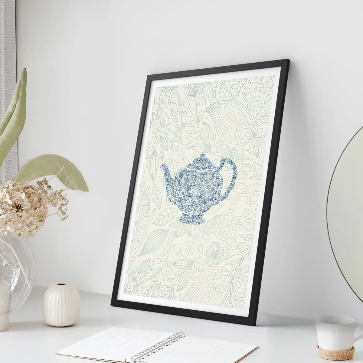 Affisch i svart ram - En dekorativ illustration av en tekanna med ett subtilt mönster mot en ljus bakgrund. - 50x70cm - Techarm - Modern väggdekoration för vardagsrum och sovrum ARTTOR