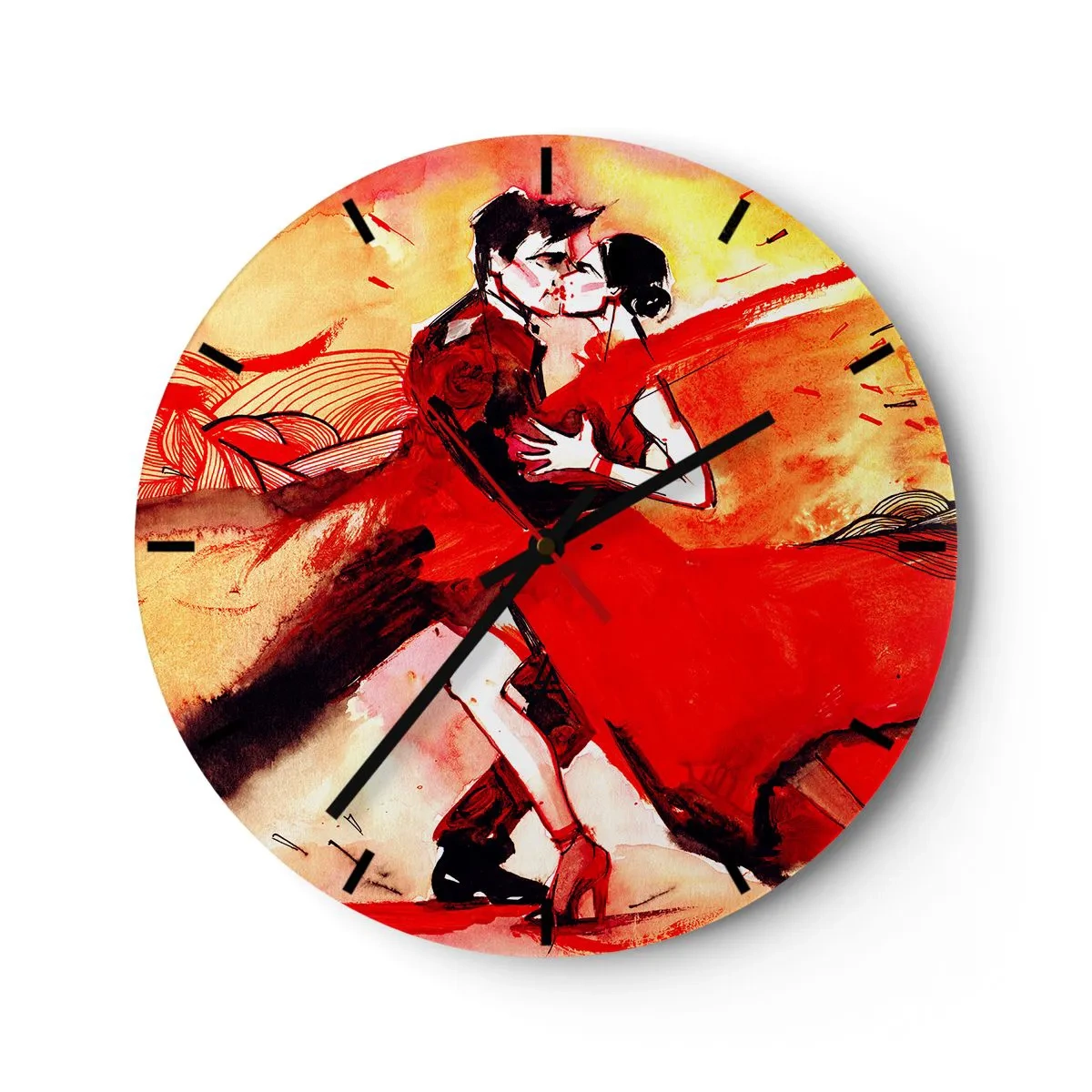 Väggklocka - Klocka på glas - Ett par som dansar tango i nyanser av rött och guld - 30x30cm - Passionens lila rytm - Modern väggdekoration för vardagsrum, kök och sovrum ARTTOR
