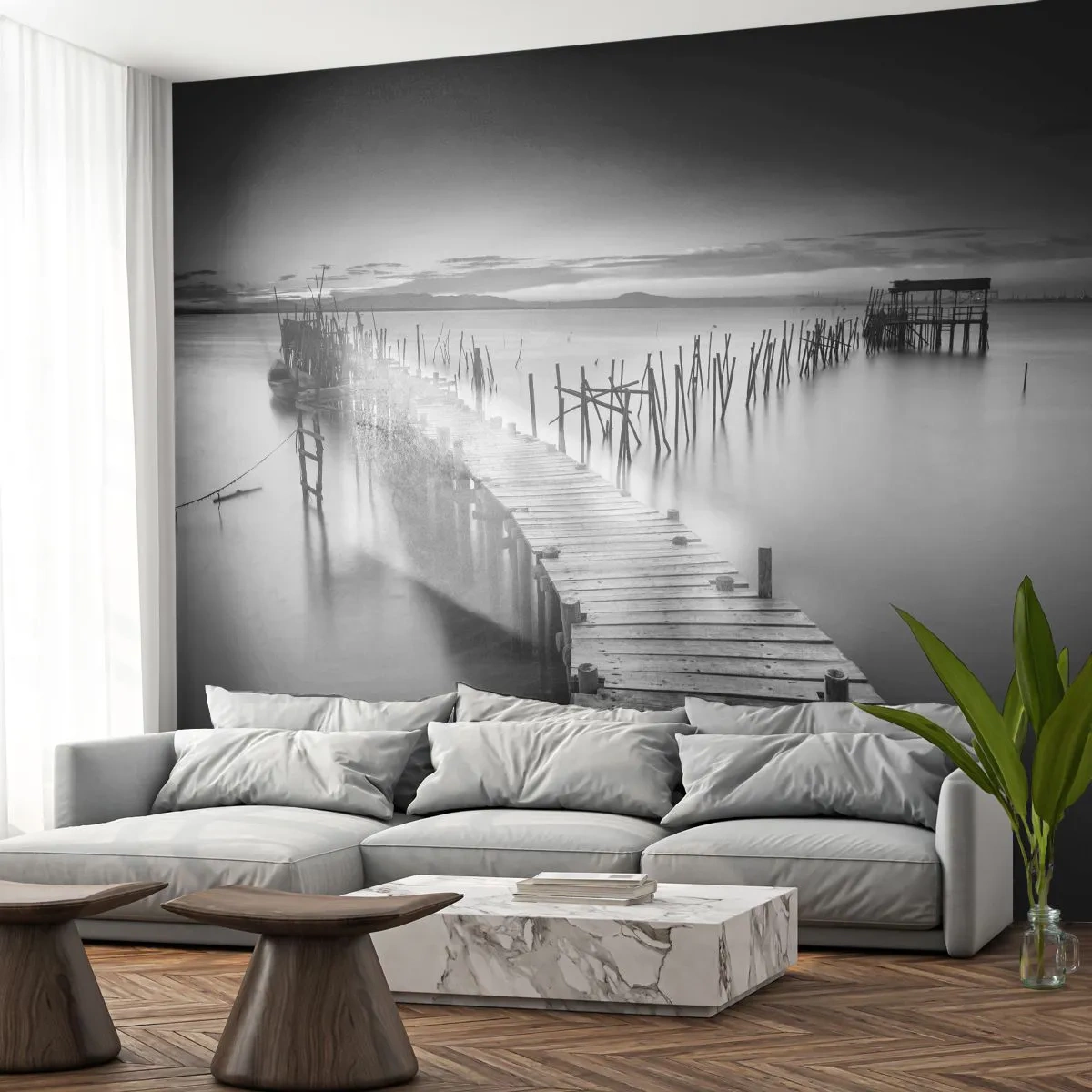 Självhäftande Fototapet Deluxe Sticker - Den glömda strandens ro - Landskap, Sjö, Träbro - 250x175 cm