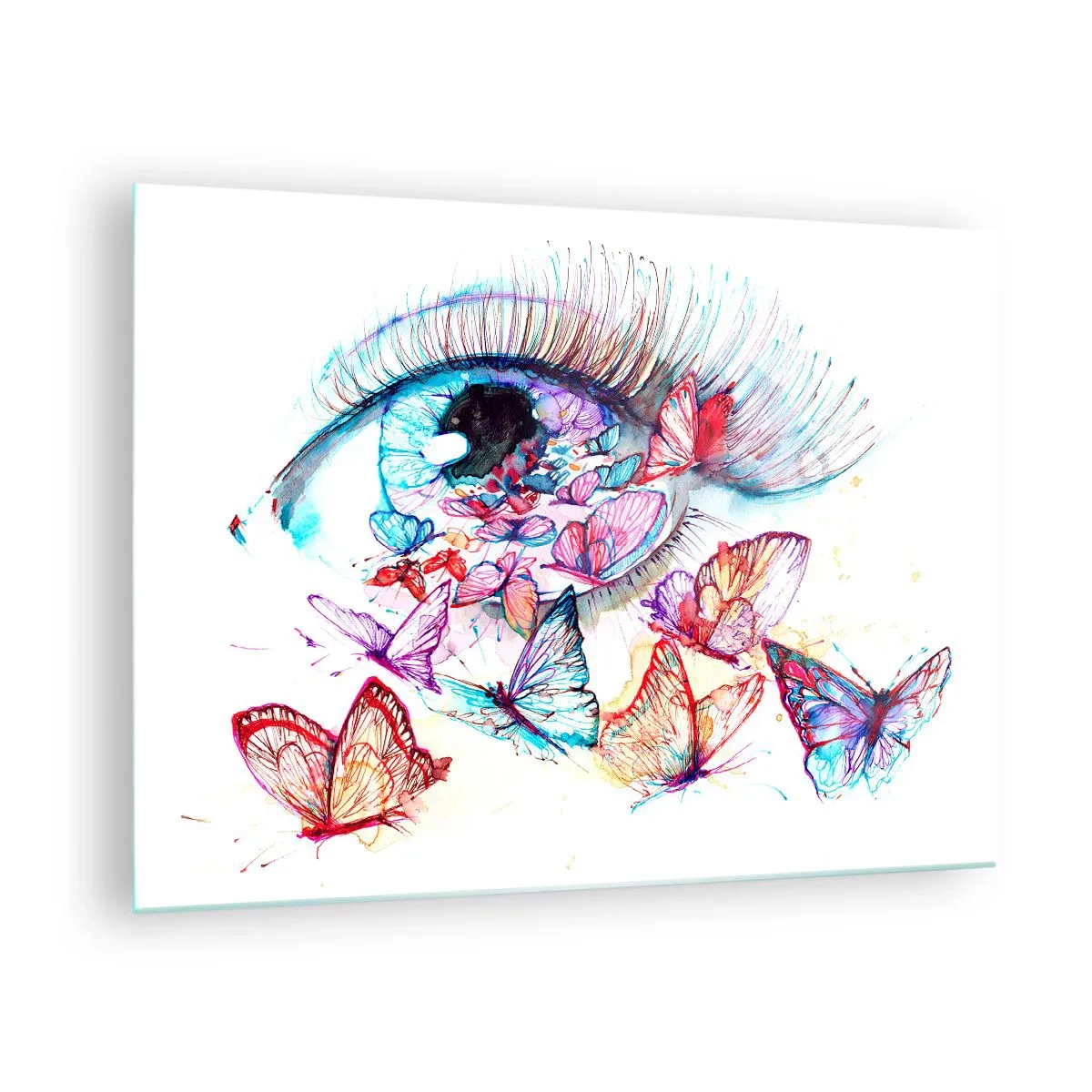 Glastavla - Bild på glas - En kvinnas öga omgiven av färgglada akvarellfjärilar - 70x50cm - Ögonens sagolika charm - Modern väggdekoration för vardagsrum och sovrum ARTTOR