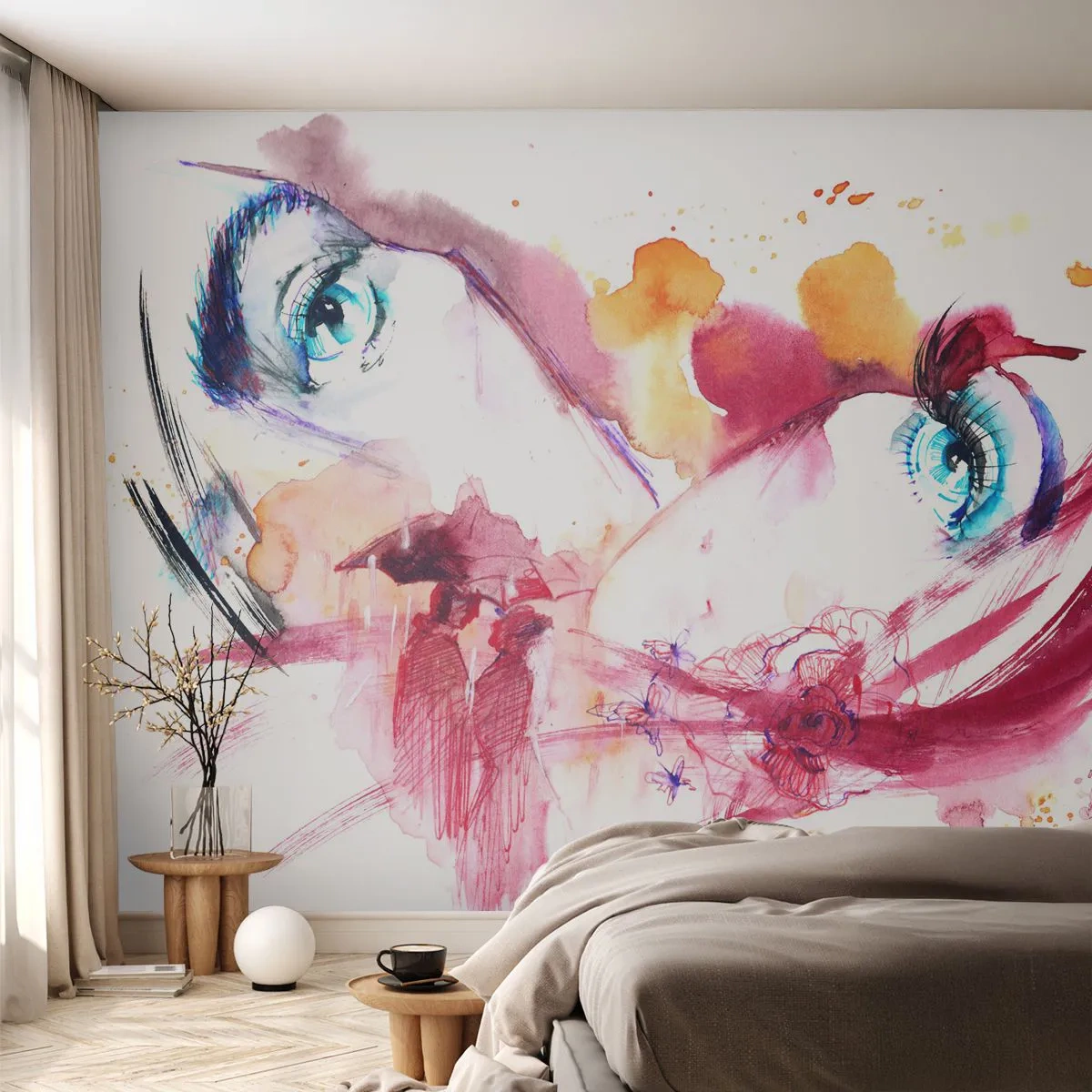 Fototapet Standard Eco - Abstrakt porträtt av en kvinna i akvarellfärger - 100x70cm - Världen blommar i närheten - Modern väggdekoration för vardagsrum och sovrum ARTTOR