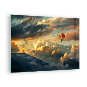 Glastavla - Bild på glas - En ballong som svävar över bergen bland molnen vid solnedgången - 70x50cm - Jag flyger för jag vill - Modern väggdekoration för vardagsrum och sovrum ARTTOR