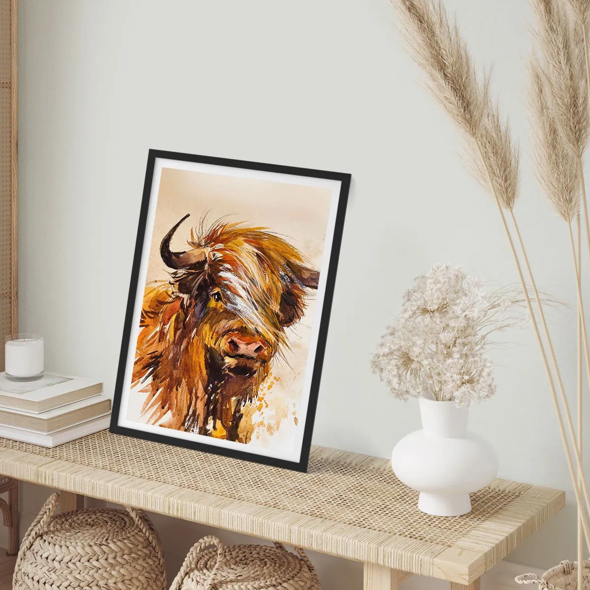 Affisch i svart ram - Porträtt av en tjur i konstnärlig akvarellstil - 50x70cm - Jägarens dröm - Modern väggdekoration för vardagsrum och sovrum ARTTOR