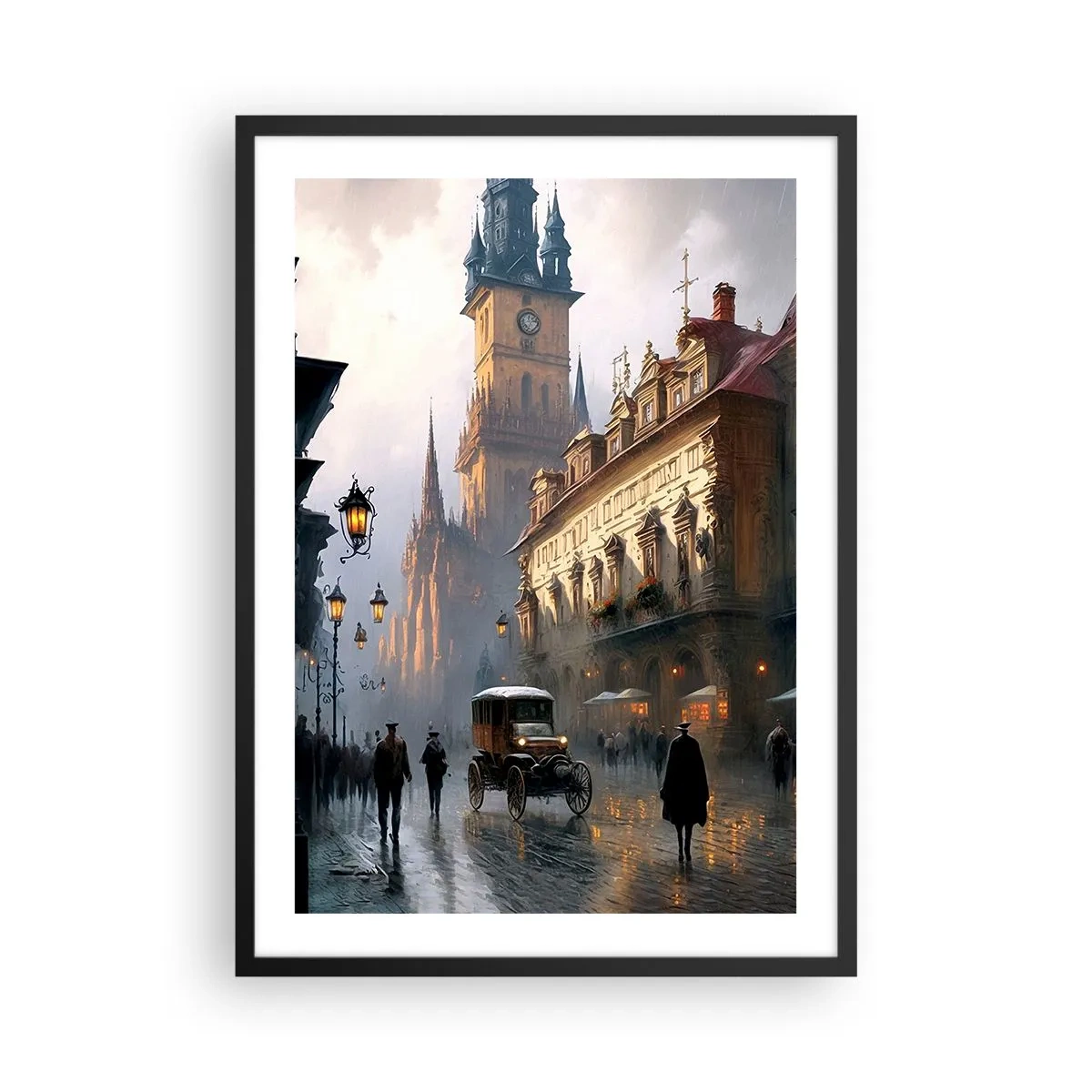 Affisch i svart ram - Historisk stad i skymningen med ett historiskt fordon - 50x70cm - Magin under en kväll i Prag - Modern väggdekoration för vardagsrum och sovrum ARTTOR