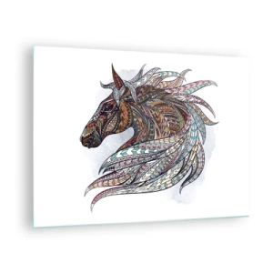 Glastavla - Bild på glas - Färgglad häst i konstnärlig stil med geometriska mönster - 70x50cm - Keltiska kämpens häst - Modern väggdekoration för vardagsrum och sovrum ARTTOR