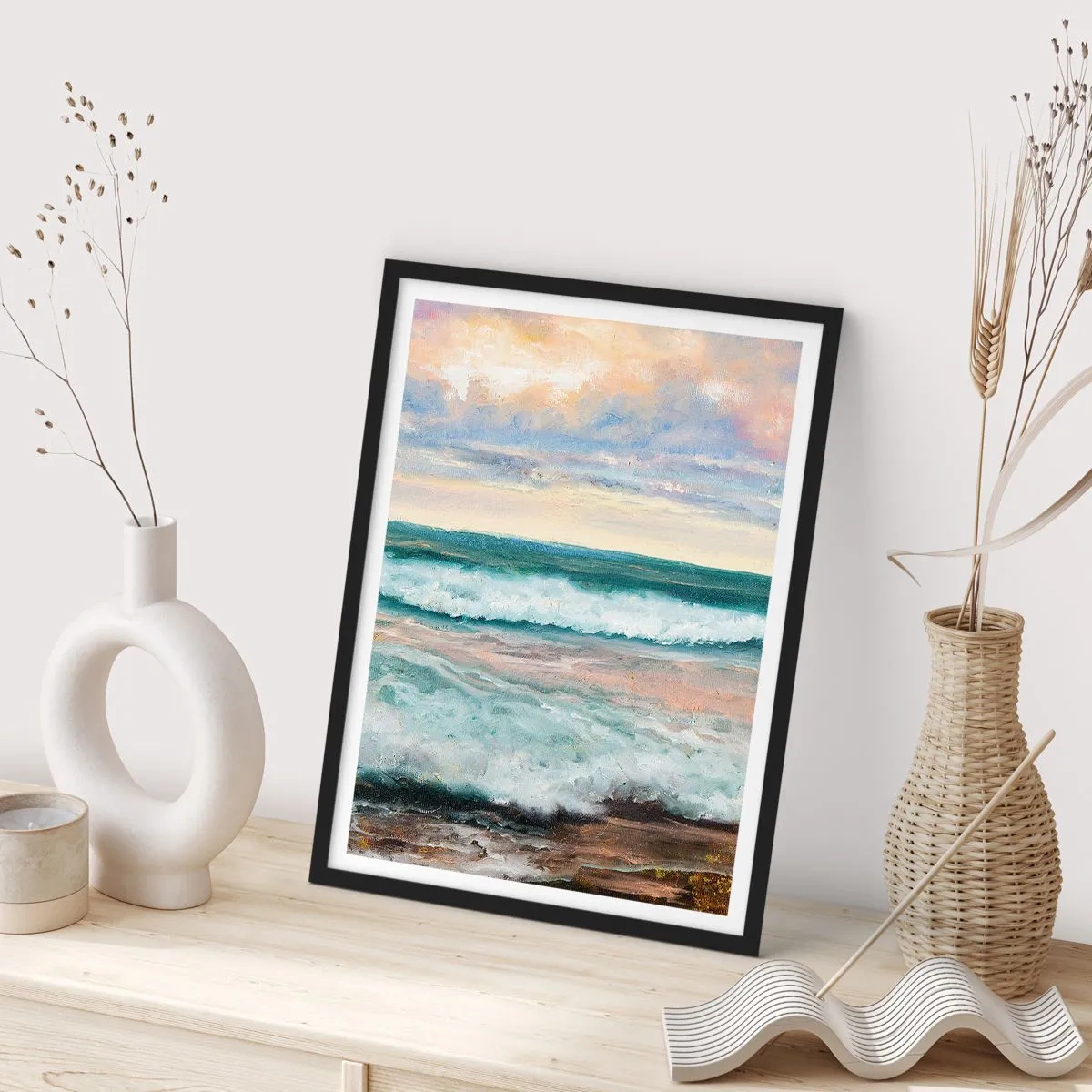 Affisch i svart ram - Havsvågor vid solnedgången - 50x70cm - Här kan du släta ut din själ - Modern väggdekoration för vardagsrum och sovrum ARTTOR