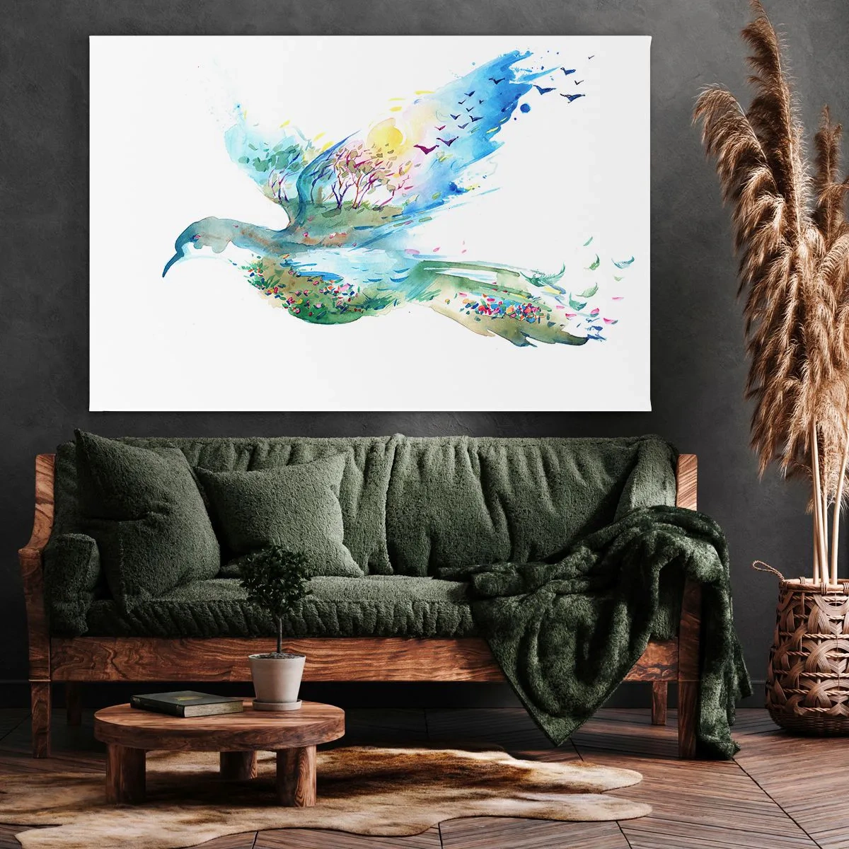 Canvastavla - Bild på duk - Akvarellkomposition av en fågel med naturelement - 70x50cm - På naturens vingar - Modern väggdekoration för vardagsrum och sovrum ARTTOR
