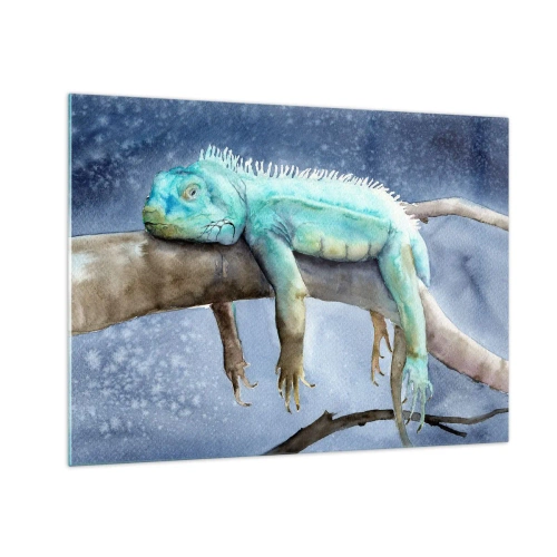 Glastavla - Bild på glas - Blå leguan liggande på en gren i akvarellstil - 70x50cm - Det är bra! - Modern väggdekoration för vardagsrum och sovrum ARTTOR