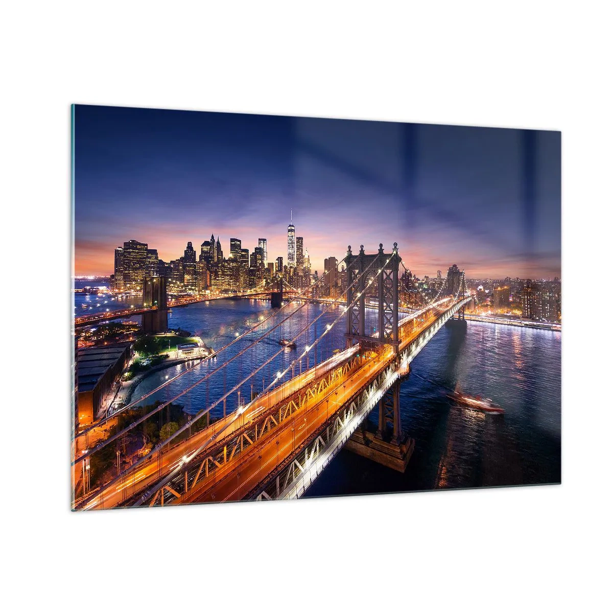 Glastavla - Bild på glas - Över ljusbron till stadens hjärta - 100x70 cm