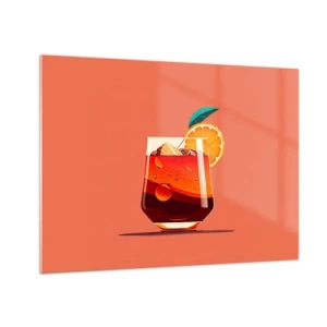 Glastavla - Bild på glas - En färgglad drink med apelsin på en varm persikobakgrund - 70x50cm - Sommarens förfriskning - Modern väggdekoration för vardagsrum och sovrum ARTTOR