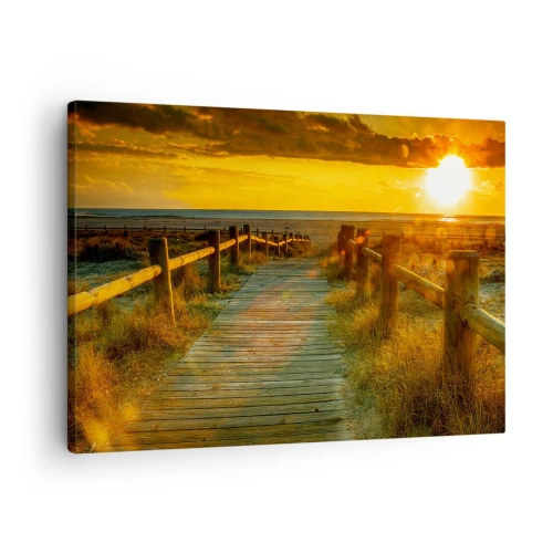 Canvastavla - Bild på duk - En trästig som leder till stranden i skenet av den nedgående solen - 70x50cm - Doppade i gammalt guld - Modern väggdekoration för vardagsrum och sovrum ARTTOR