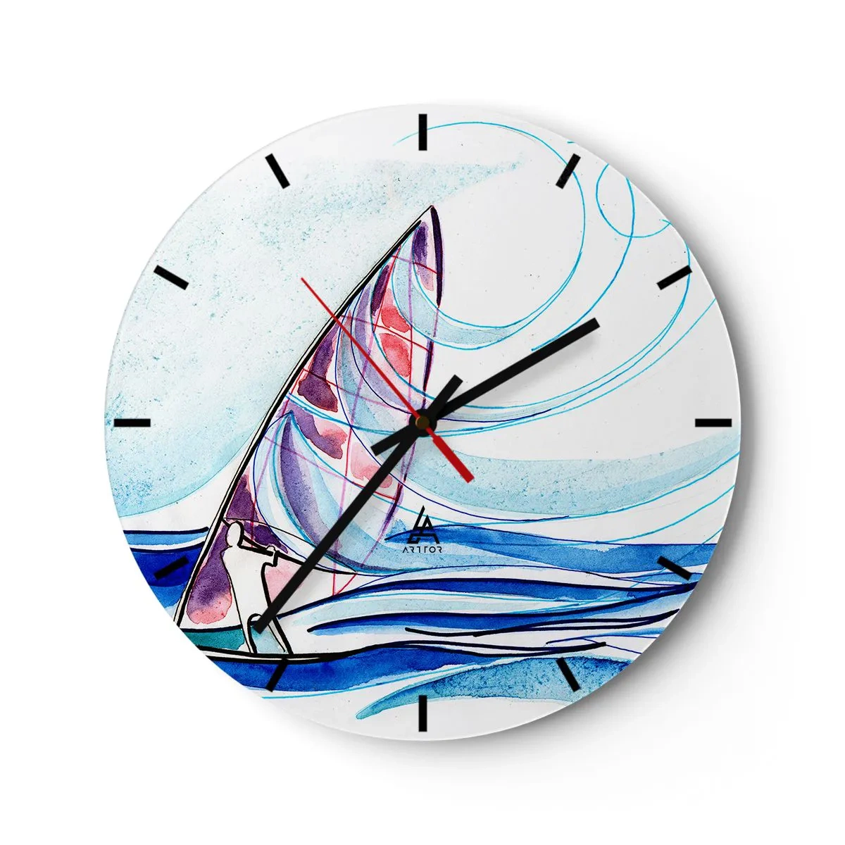 Väggklocka - Klocka på glas - En segelbåt på ett stormigt hav i dynamisk, abstrakt form - 30x30cm - Med vinden i vågornas rytm - Modern väggdekoration för vardagsrum, kök och sovrum ARTTOR
