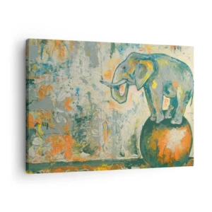Canvastavla - Bild på duk - En elefant som balanserar på en boll i konstnärlig stil - 70x50cm - Länge leve cirkus - Modern väggdekoration för vardagsrum och sovrum ARTTOR