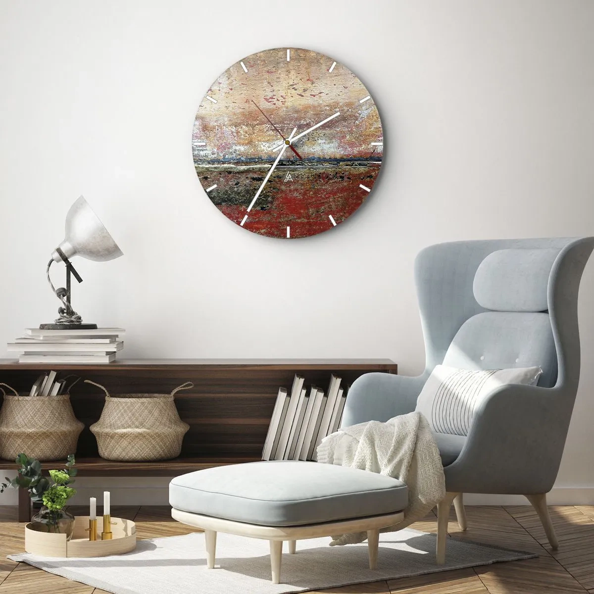 Väggklocka - Klocka på glas - Ett abstrakt landskap med textur och varma jordtoner. - 30x30cm - Kanske är det havet - Modern väggdekoration för vardagsrum, kök och sovrum ARTTOR