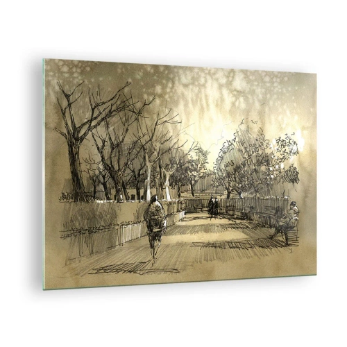 Glastavla - Bild på glas - En teckning av en park med stigar och människor som går - 70x50cm - En stund fångad med penna - Modern väggdekoration för vardagsrum och sovrum ARTTOR