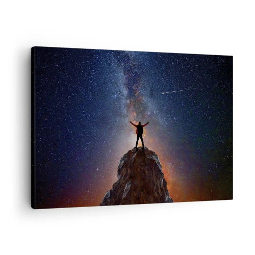 Canvastavla - Bild på duk - En figur på en bergstopp under en stjärnklar himmel - 70x50cm - Kraften är med mig! - Modern väggdekoration för vardagsrum och sovrum ARTTOR