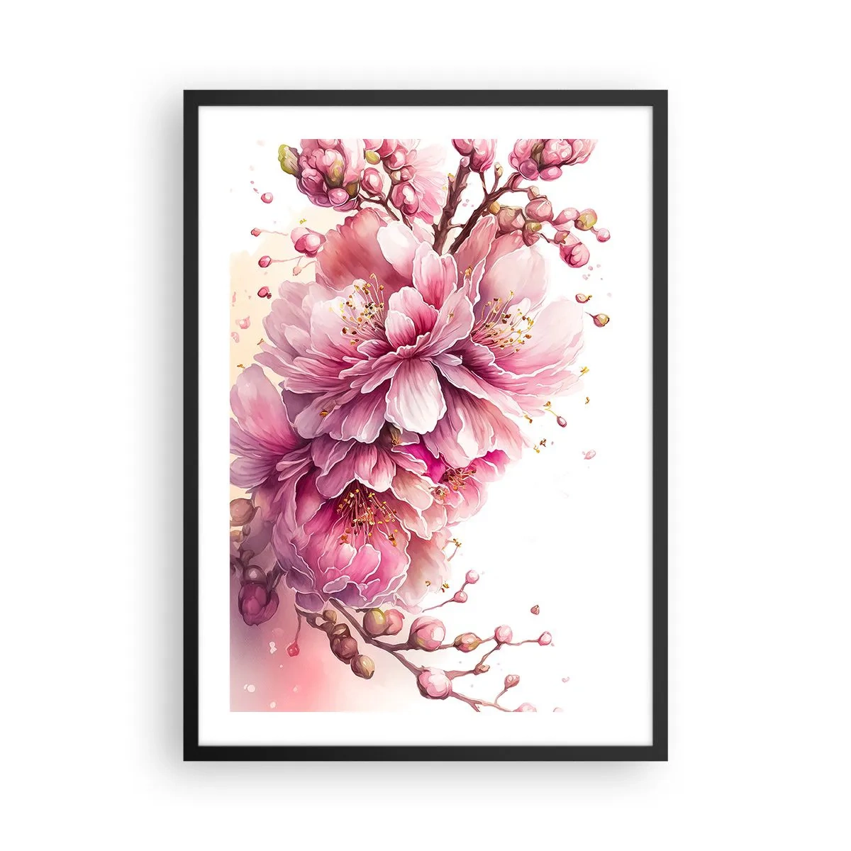 Affisch i svart ram - Fina rosa körsbärsblommor i full blom mot en ljus bakgrund - 50x70cm - Blommande körsbärsblomma - Modern väggdekoration för vardagsrum och sovrum ARTTOR