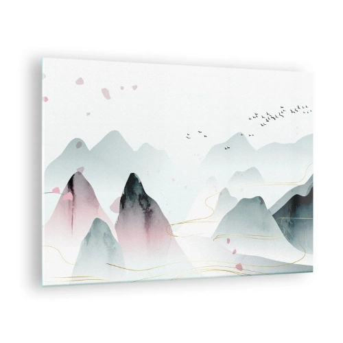 Glastavla - Bild på glas - Pastellberg med en flock flygande fåglar och gyllene linjer - 70x50cm - Över topparna - Modern väggdekoration för vardagsrum och sovrum ARTTOR