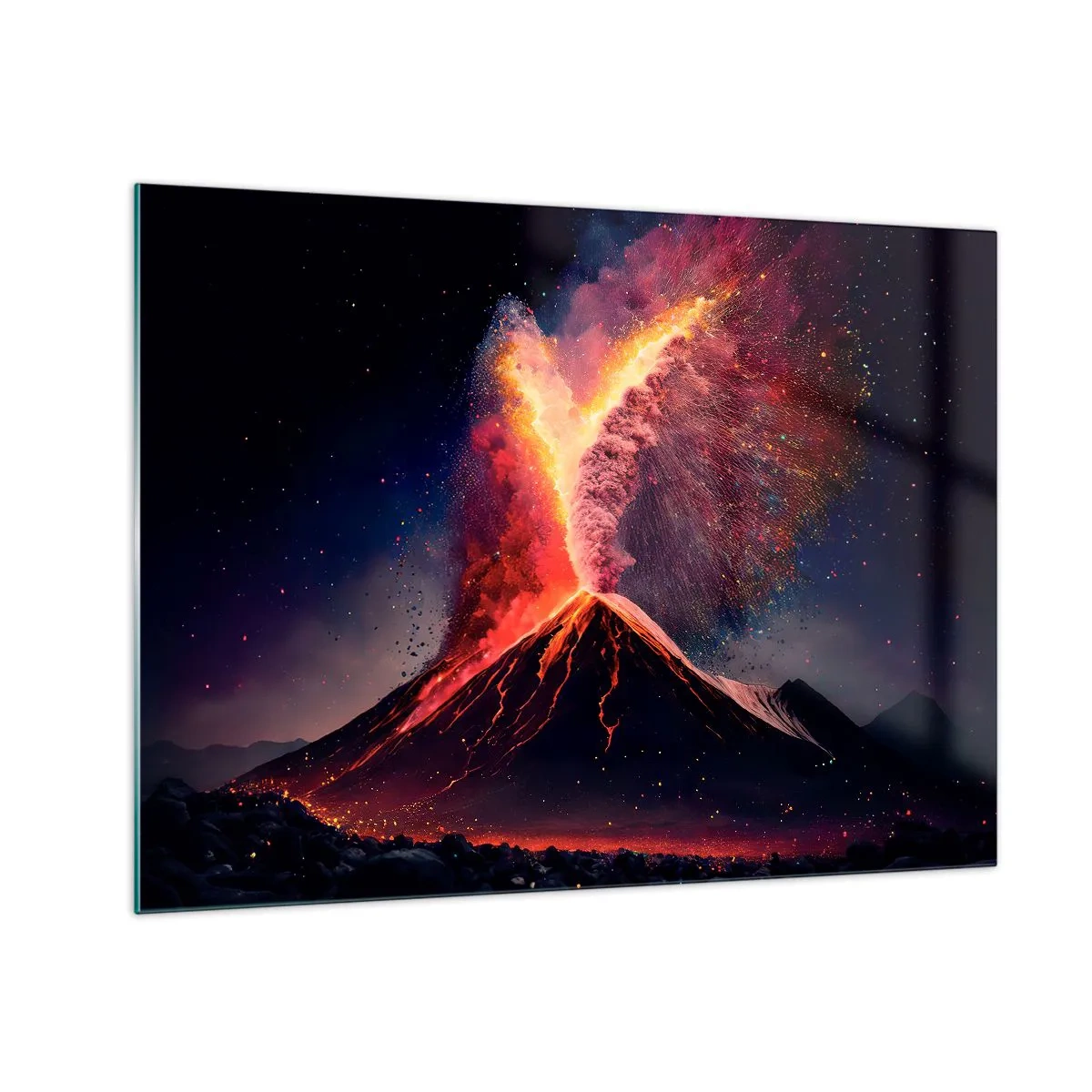 Glastavla - Bild på glas - En vulkan i utbrott med lava och ett färgglatt dammmoln - 70x50cm - Skönhet och skräck - Modern väggdekoration för vardagsrum och sovrum ARTTOR