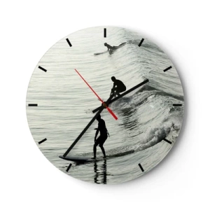 Väggklocka - Klocka på glas - Surfare som fångar morgonvågor på ett lugnt hav - 30x30cm - Att möta vågen - Modern väggdekoration för vardagsrum, kök och sovrum ARTTOR