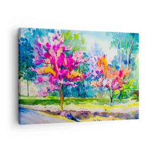 Canvastavla - Bild på duk - Färgglada träd i en park i akvarellstil - 70x50cm - Regnbågsträdgård i vårskenet - Modern väggdekoration för vardagsrum och sovrum ARTTOR
