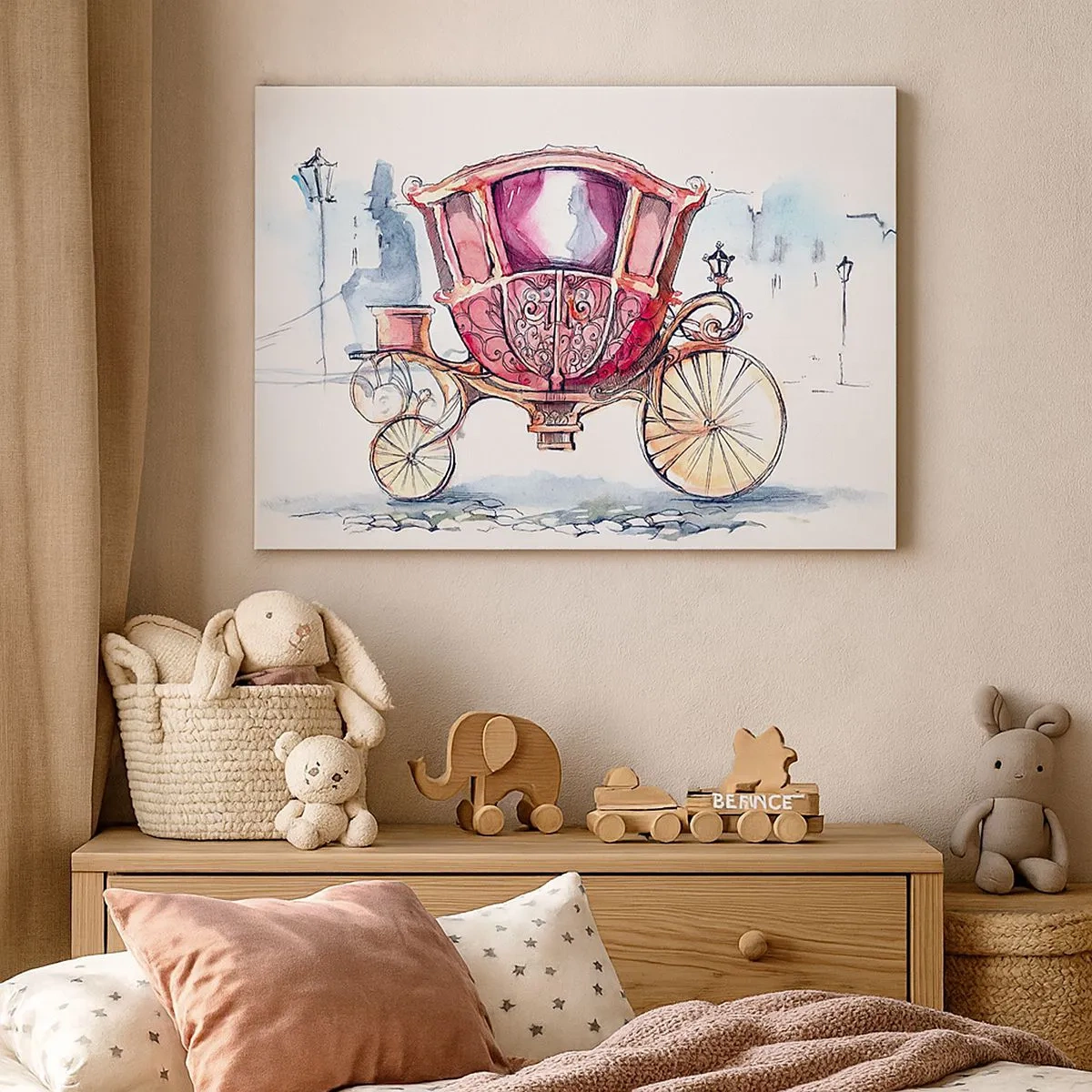 Canvastavla - Bild på duk - En snygg illustration av en antik vagn i pastellfärger. - 70x50cm - Bröllop eller bal? - Modern väggdekoration för vardagsrum och sovrum ARTTOR